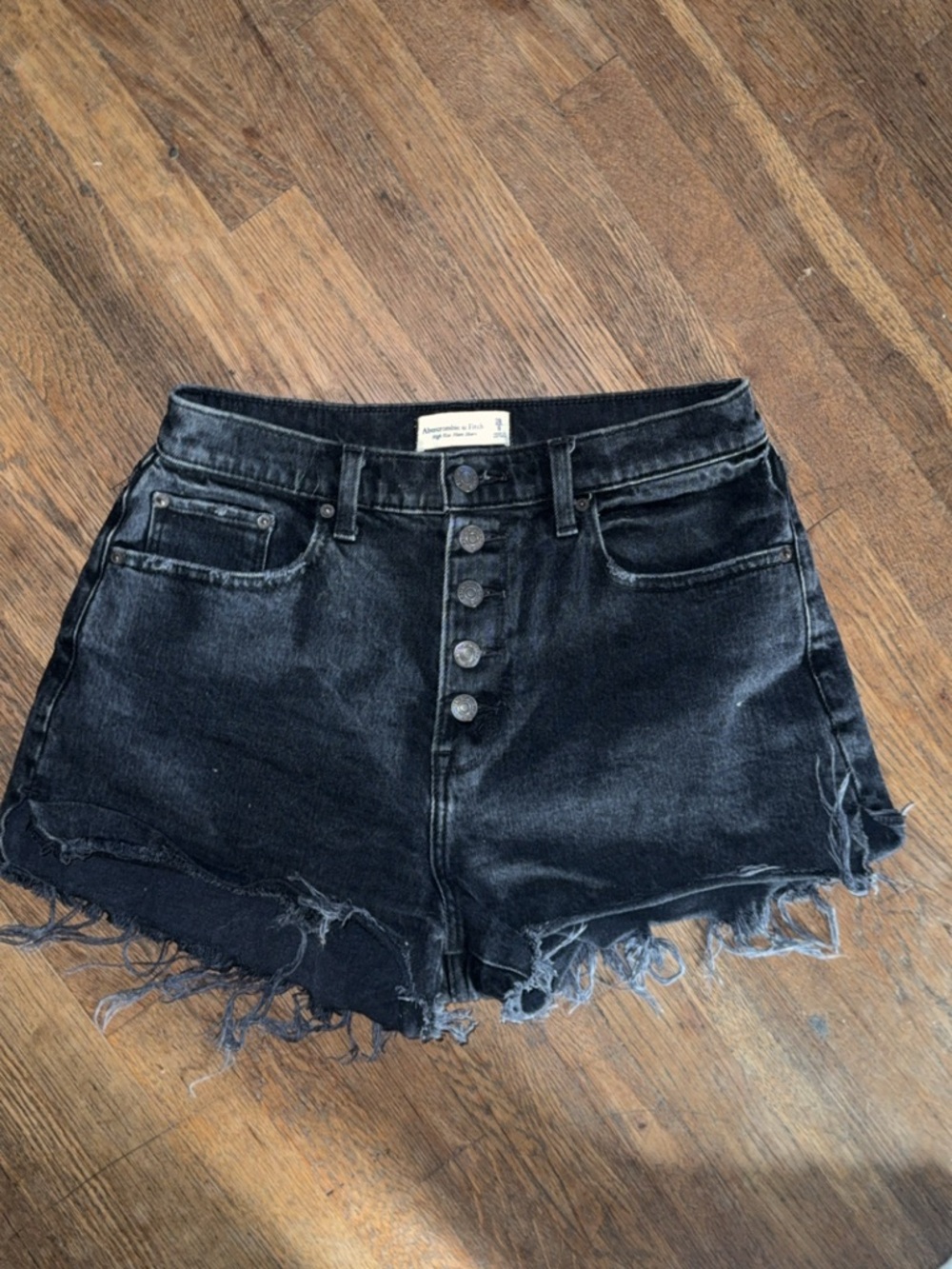 Abercrombie & Fitch Black Button-Front Distressed Denim Shorts